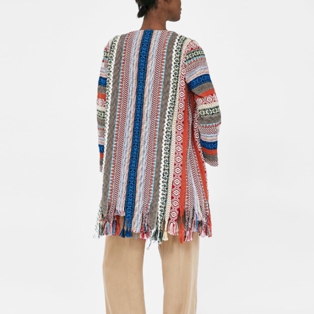 Zara Women Striped Embroidered Ribbon Braided Fringe Tapestry Jacket Sz L - Picture 4 of 9